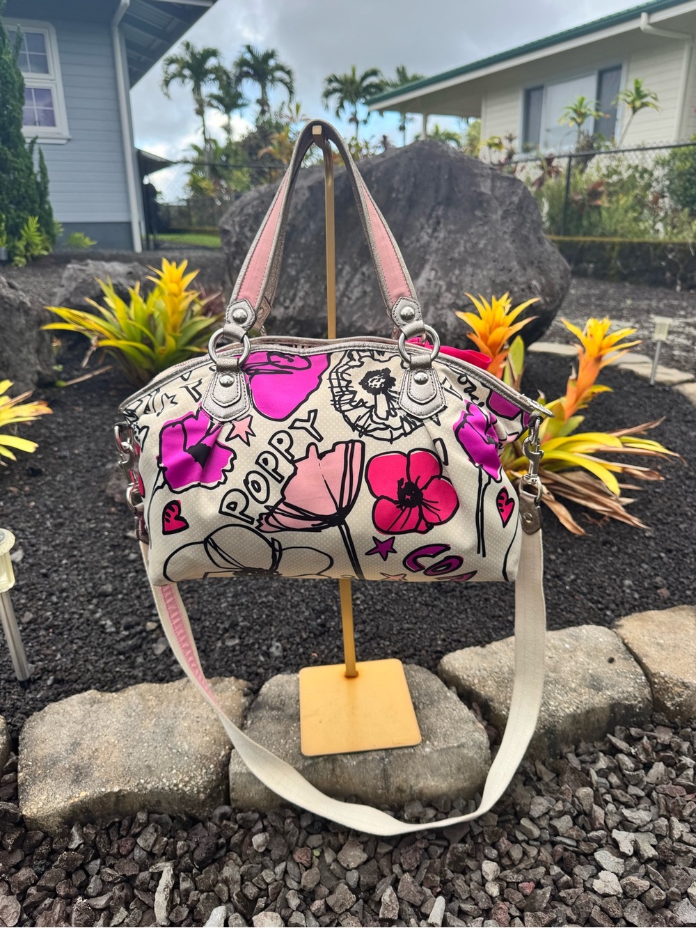 Coach Poppy Glam Floral Graffiti Satchel Crossbody Bag Pink Silver K1077-16308 - Picture 3 of 17